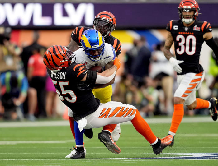 Cincinnati Bengals inside linebacker Logan Wilson (55) takes down Los Angeles Rams running back Cam Akers during the 1st half of the Super Bowl 56, Sunday, Feb. 13, 2022, at SoFi Stadium in Inglewood, Calif. NFL Super Bowl 56 Los Angeles Rams Vs Cincinnati Bengals Feb 13 2022